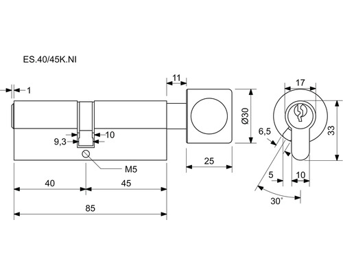 Technický výkres cylindrického zámku s rozmermi