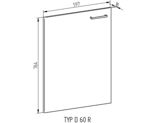 Technický nákres dvierok skrine s rukoväťou a rozmermi 597 x 764 milimetrov.