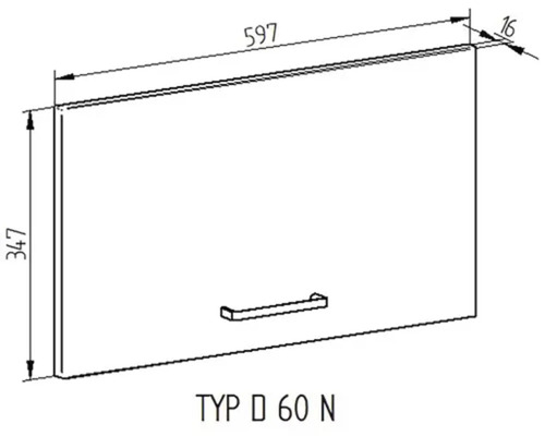 Technický nákres dvierok skrinky s rukoväťou a rozmermi