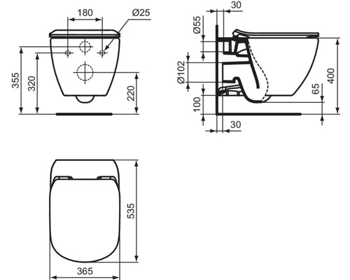 Technický výkres závesného WC s rozmermi