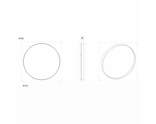 Technický nákres okrúhleho zrkadla s rozmermi