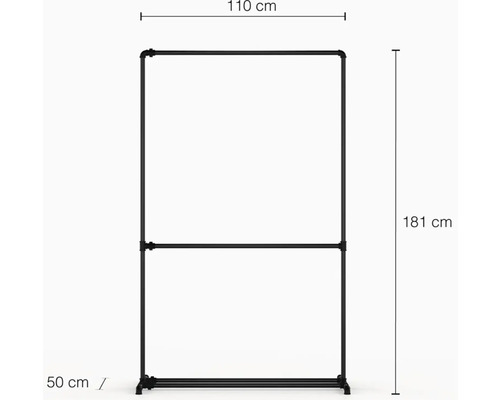Kovový vešiak na oblečenie s rozmermi 110 cm šírka, 181 cm výška a 50 cm hĺbka