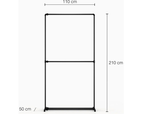 Kovový vešiak na oblečenie s rozmermi 110 cm šírka, 210 cm výška a 50 cm hĺbka