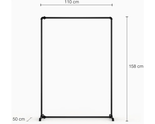 Vešiak na odevy z oceľovej rúrky s rozmermi 110 cm šírka, 158 cm výška a 50 cm hĺbka
