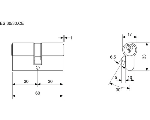 Technický nákres cylindrického zámku s rozmermi