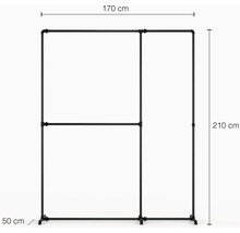 Čierny kovový vešiak na oblečenie s rozmermi 170 x 210 x 50 cm