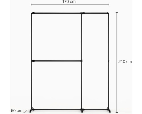 Čierny kovový vešiak na oblečenie s rozmermi 170 x 210 x 50 cm