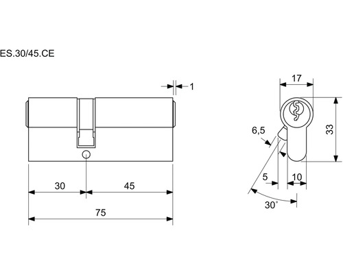 Technický nákres cylindrického zámku s rozmermi
