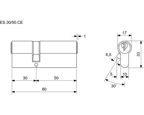 Technický nákres cylindrického zámku s rozmermi