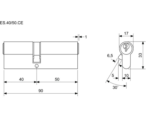 Technický nákres cylindrického zámku s rozmermi