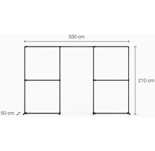 Kovový vešiak na oblečenie s rozmermi: 330 centimetrov šírka, 210 centimetrov výška, 50 centimetrov hĺbka