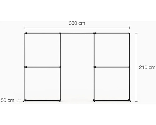 Kovový vešiak na oblečenie s rozmermi: 330 centimetrov šírka, 210 centimetrov výška, 50 centimetrov hĺbka
