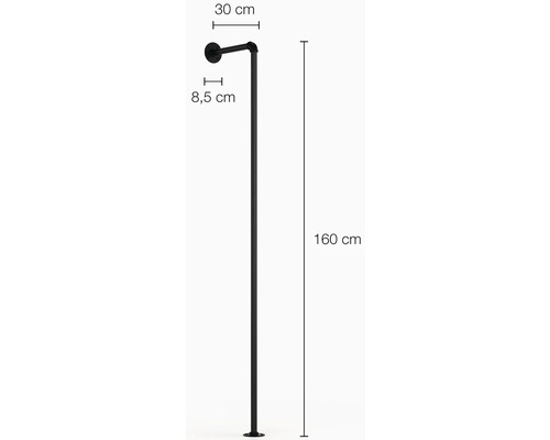 Kovový stojan na šaty s rozmermi 160 cm na výšku, 30 cm do hĺbky a 8,5 cm vzdialenosť od steny