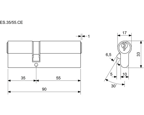 Technický nákres zámkovej vložky so špecifikáciou rozmerov