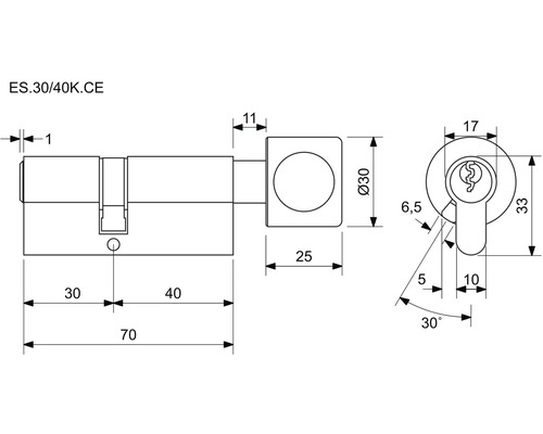 Technický nákres cylindrického zámku s rozmermi