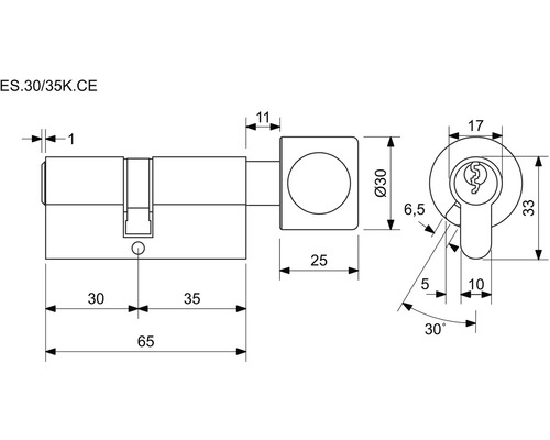 Technický nákres cylindrického zámku s rozmermi.