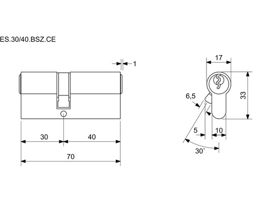 Technický nákres cylindrického zámku s rozmermi