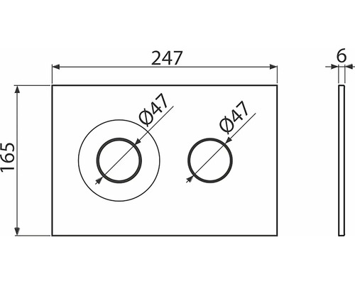 Technický nákres krycej dosky s dvoma otvormi, rozmery: 247 x 165 x 6 mm, priemer otvoru: 47 mm