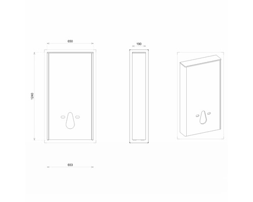 Technický nákres zrkadlovej skrinky s rozmermi 1240 x 650 x 190 mm.