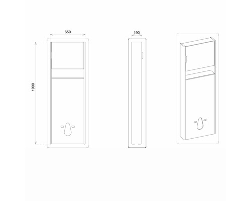 Technický výkres dávkovača s rozmermi 650 x 190 x 1900 mm.