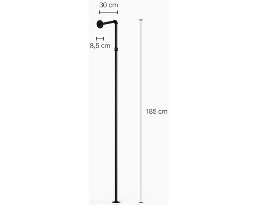 Rozmery čiernej sprchovej armatúry: výška 185 cm, vyloženie 30 cm, vzdialenosť od steny 8,5 cm