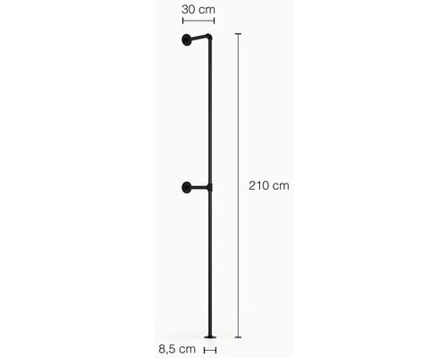 Čierny vešiak na oblečenie s rozmermi 210 cm výška, 30 cm hĺbka a 8,5 cm základňa