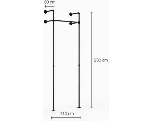 Čierny vešiak na oblečenie s rozmermi 230 cm výška, 110 cm šírka a 30 cm hĺbka