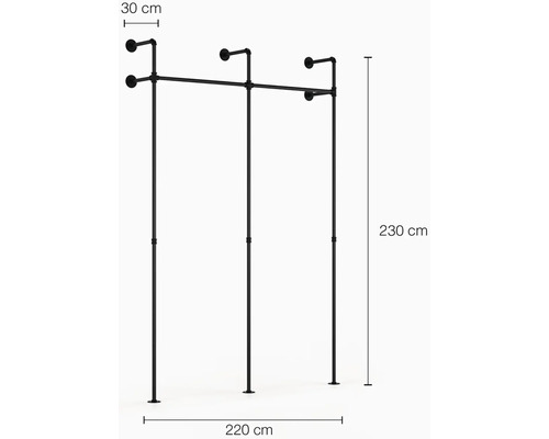 Čierny kovový vešiak na šaty s rozmermi 30, 220 a 230 centimetrov.