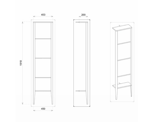 Technický nákres vysokej skrine s rozmermi