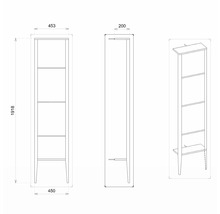 Technický nákres regálu s rozmermi 1918 x 453 x 200 mm.