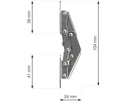 Rozmery nábytkového kovania: 38 mm, 41 mm, 24 mm a 104 mm