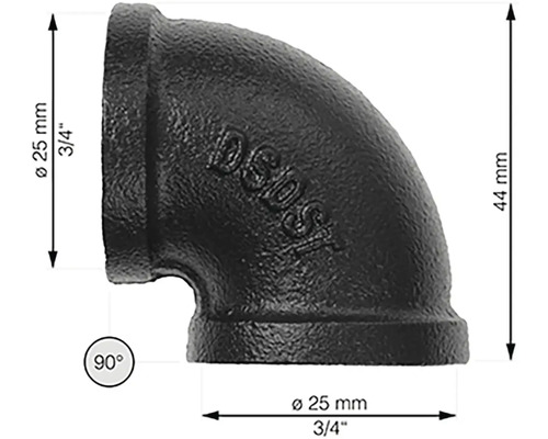 Čierny liatinový rúrkový oblúk 90 stupňov s priemerom 25 mm