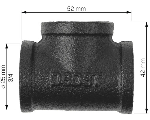 T-kus z liatiny s rozmermi 52 mm a 42 mm a priemerom 25 mm
