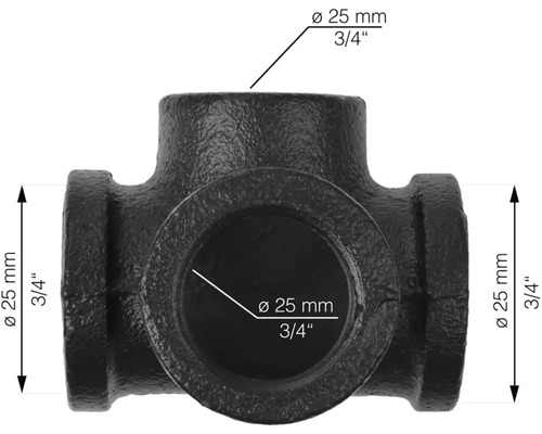 Čierny T-kus s priemerom 25 mm