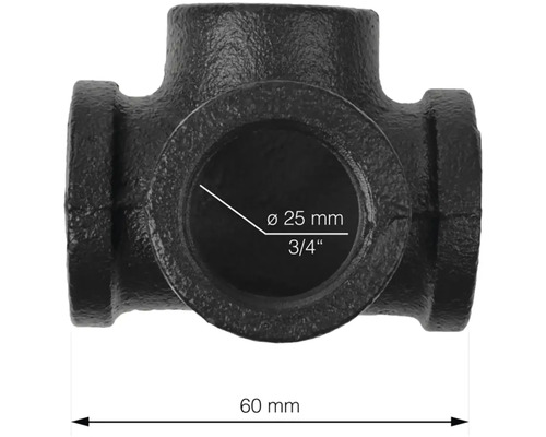 Čierna temperovaná liatinová tvarovka T-kus s priemerom 25 mm