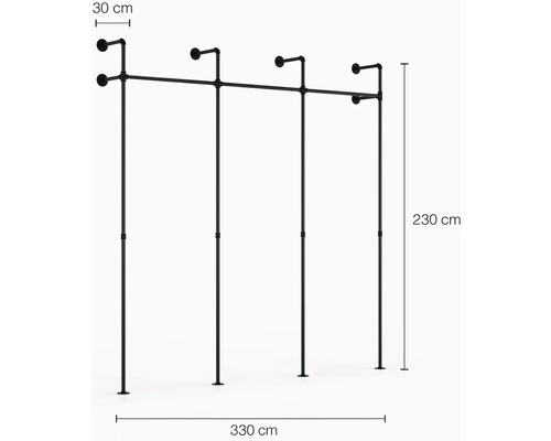 Voľne stojaci vešiak na odevy z oceľovej rúrky, výška 230 cm a šírka 330 cm
