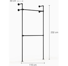 Kovový vešiak na oblečenie s dvoma tyčami s rozmermi 232 x 110 x 30 cm