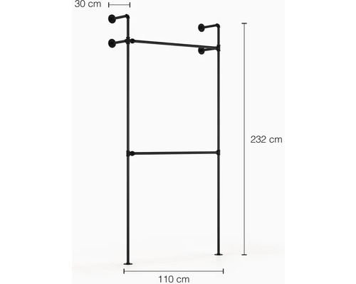 Kovový vešiak na oblečenie s dvoma tyčami s rozmermi 232 x 110 x 30 cm