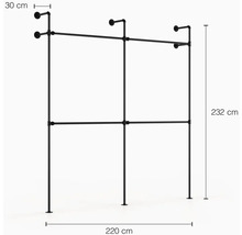 Čierny kovový vešiak na oblečenie s rozmermi 232 x 220 x 30 cm.
