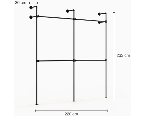 Čierny kovový vešiak na oblečenie s rozmermi 232 x 220 x 30 cm.