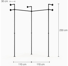 Čierny vešiak na šaty z rúrok s rozmermi 30 cm, 110 cm a 230 cm