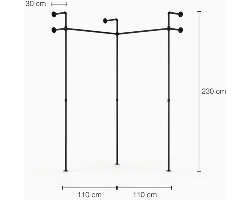 Čierny vešiak na šaty z rúrok s rozmermi 30 cm, 110 cm a 230 cm