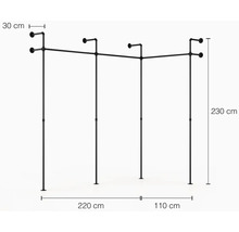 Stojan na šaty z oceľových rúrok s rozmermi 230 krát 220 krát 110 centimetrov