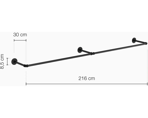 Čierna šatníková tyč s rozmermi 216 cm dĺžka, 30 cm hĺbka a 8,5 cm výška.