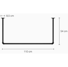 Obrázok čiernej šatníkovej tyče s rozmermi 8,5 cm, 54 cm a 110 cm.