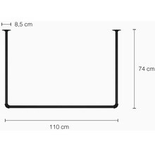 Rozmery čiernej šatníkovej tyče: hĺbka 8,5 cm, výška 74 cm a šírka 110 cm.