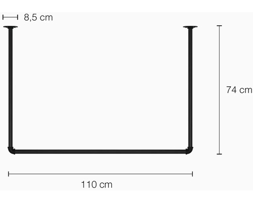 Rozmery čiernej šatníkovej tyče: hĺbka 8,5 cm, výška 74 cm a šírka 110 cm.