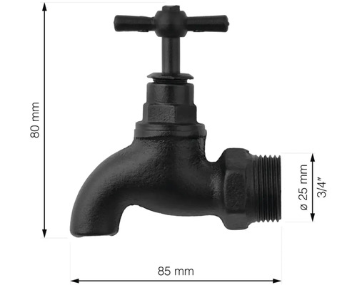 Kovový vodovodný kohútik s rozmermi 80 mm na výšku a 85 mm na dĺžku