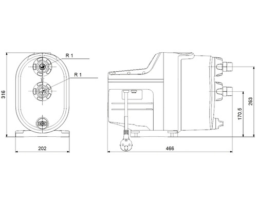 Technický nákres kompresora s rozmermi