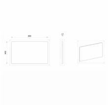 Technický nákres zrkadla s rozmermi 660 x 400 x 17 milimetrov